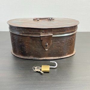 Vintage 1930s Era Metal Tin, Oval Floral Tool Box Case with lock and key Decorat